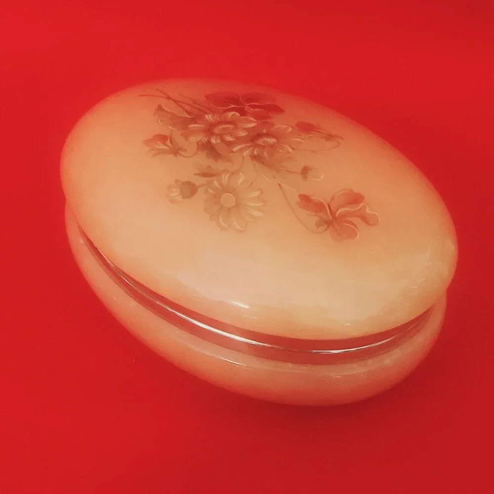 Vintage Alabaster Box Trinket Oval Hand Carved Hinged Lid Flowers Made in Italy